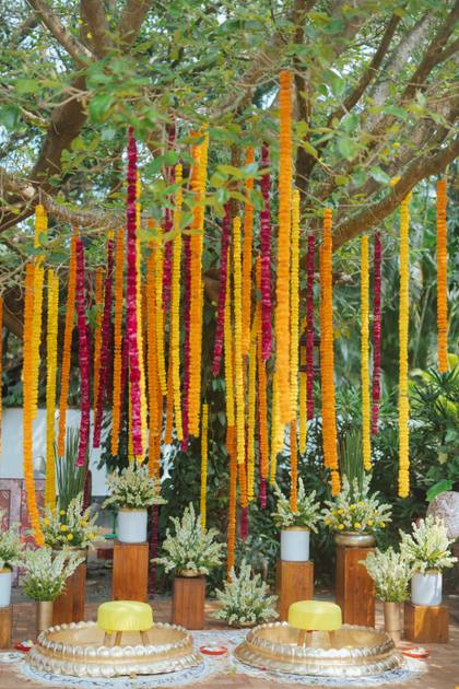 Backdrop and Floral detail — Haldi decor — Alila Diwa Goa